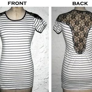 French Striped Blue White Black Lace Nautical Top